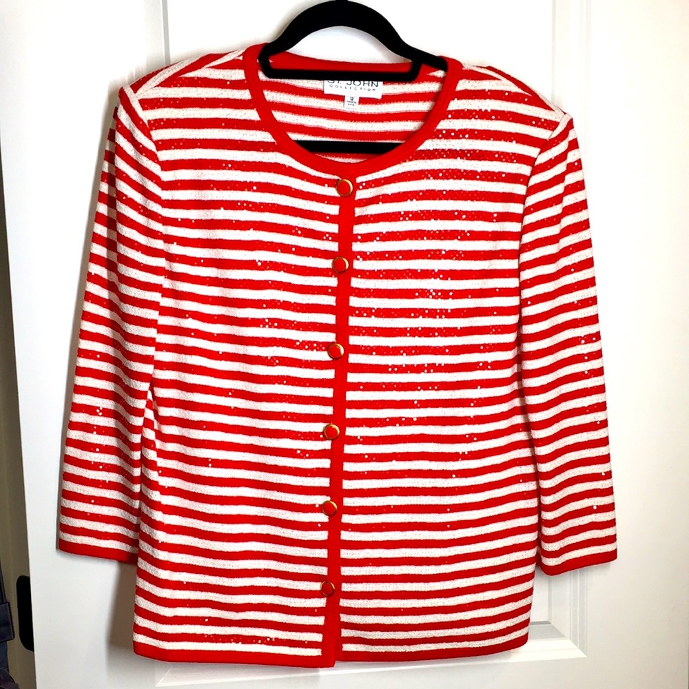 New St. John 12  cardigan Red White clear pailetts